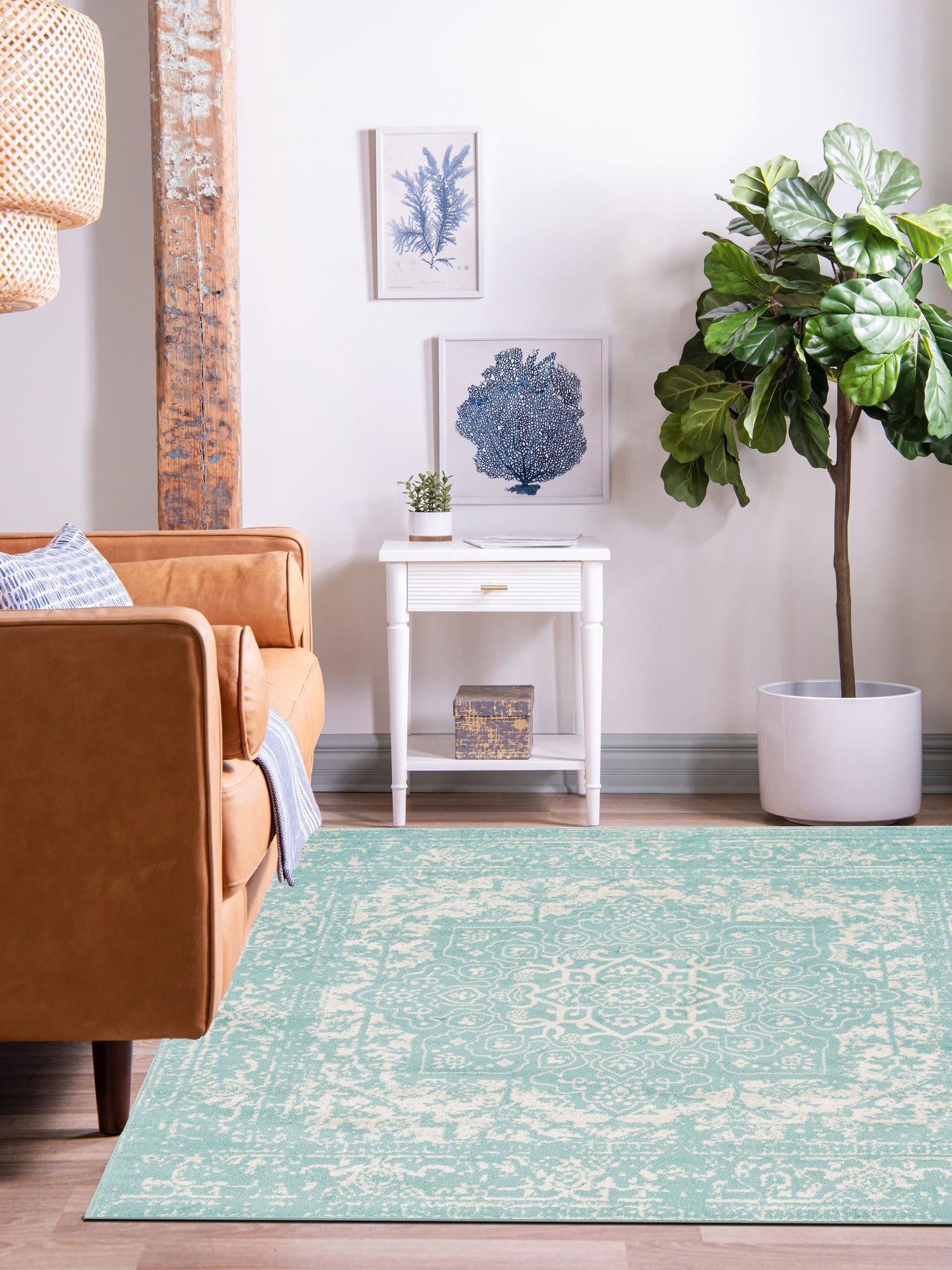 Aqua 7' 10 x 7' 10 Richmond Square Area Rug Vintage Distressed Look Traditional Design Carpet for Unique Home Interior Design for Sale at Rug Engine