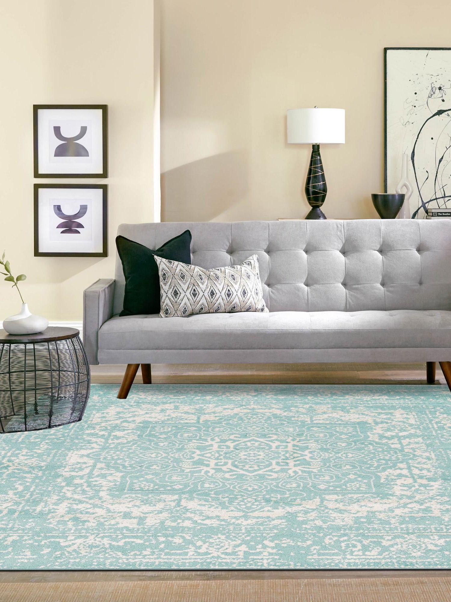 Aqua 7' 10 x 7' 10 Richmond Square Area Rug Vintage Distressed Look Traditional Design Carpet for Unique Home Interior Design for Sale at Rug Engine