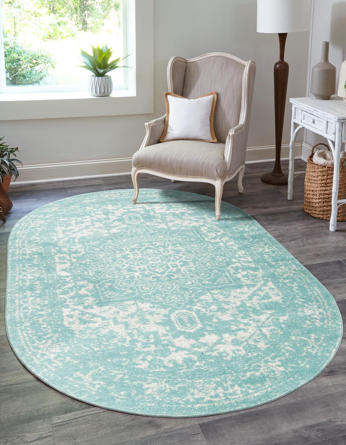 Aqua 5' 3 x 8' Richmond Oval Area Rug Vintage Distressed Look Traditional Design Carpet for Unique Home Interior Design for Sale at Rug Engine