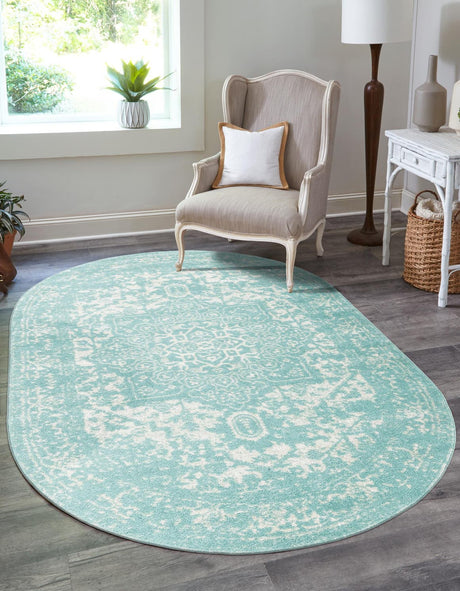 Aqua 7' 10 x 10' Richmond Oval Area Rug Vintage Distressed Look Traditional Design Carpet for Unique Home Interior Design for Sale at Rug Engine