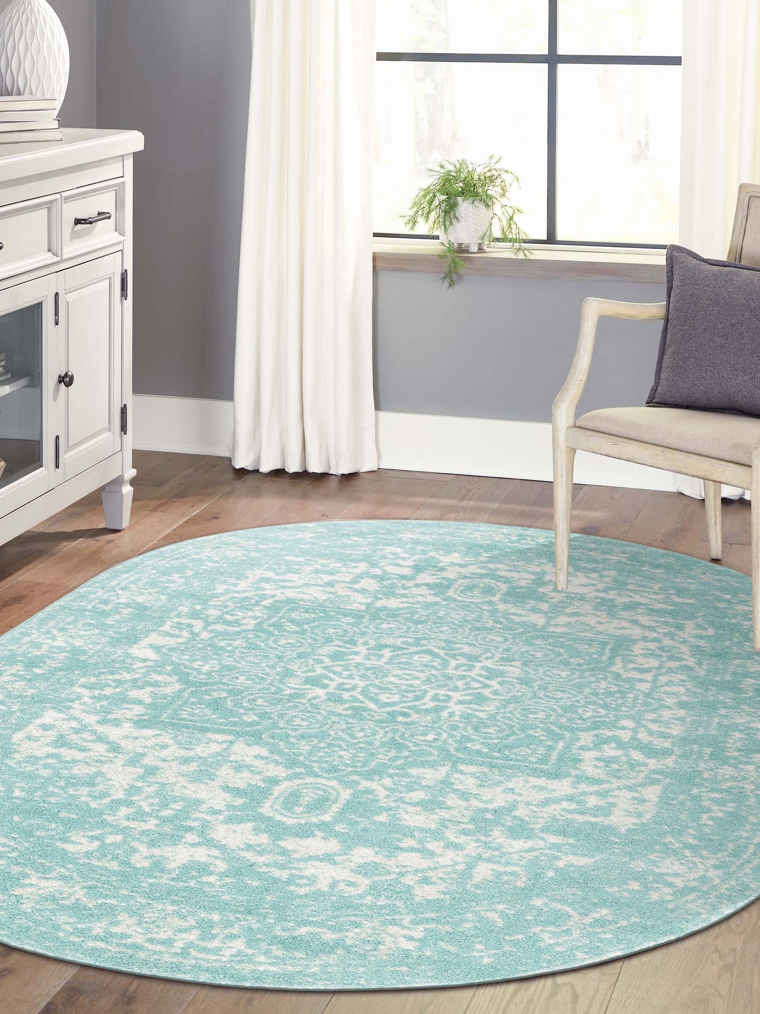 Aqua 7' 10 x 10' Richmond Oval Area Rug Vintage Distressed Look Traditional Design Carpet for Unique Home Interior Design for Sale at Rug Engine