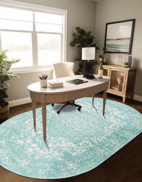 Aqua 5' 3 x 8' Richmond Oval Area Rug Vintage Distressed Look Traditional Design Carpet for Unique Home Interior Design for Sale at Rug Engine