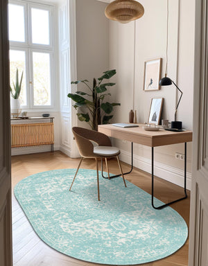 Aqua 7' 10 x 10' Richmond Oval Area Rug Vintage Distressed Look Traditional Design Carpet for Unique Home Interior Design for Sale at Rug Engine