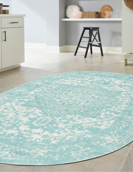 Aqua 5' 3 x 8' Richmond Oval Area Rug Vintage Distressed Look Traditional Design Carpet for Unique Home Interior Design for Sale at Rug Engine