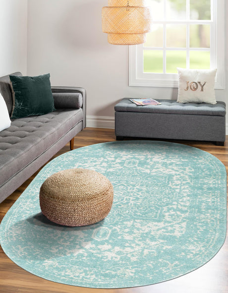 Aqua 5' 3 x 8' Richmond Oval Area Rug Vintage Distressed Look Traditional Design Carpet for Unique Home Interior Design for Sale at Rug Engine