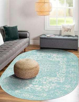 Aqua 7' 10 x 10' Richmond Oval Area Rug Vintage Distressed Look Traditional Design Carpet for Unique Home Interior Design for Sale at Rug Engine