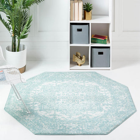 Aqua 5' 3 x 5' 3 Richmond Octagon Area Rug Vintage Distressed Look Traditional Design Carpet for Unique Home Interior Design for Sale at Rug Engine