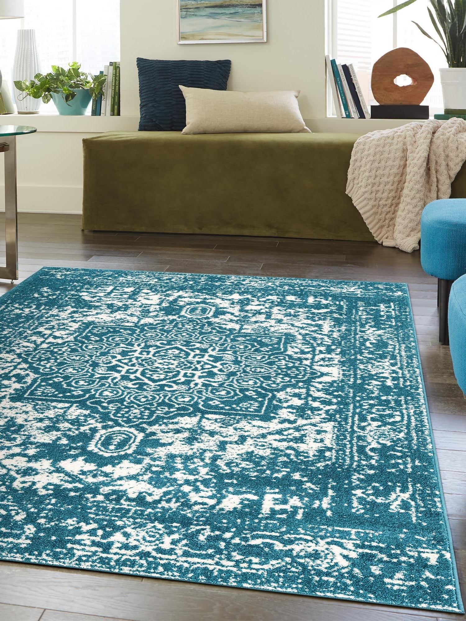 Turquoise 9' x 12' Richmond Rectangle Area Rug Vintage Distressed Look Traditional Design Carpet for Unique Home Interior Design for Sale at Rug Engine