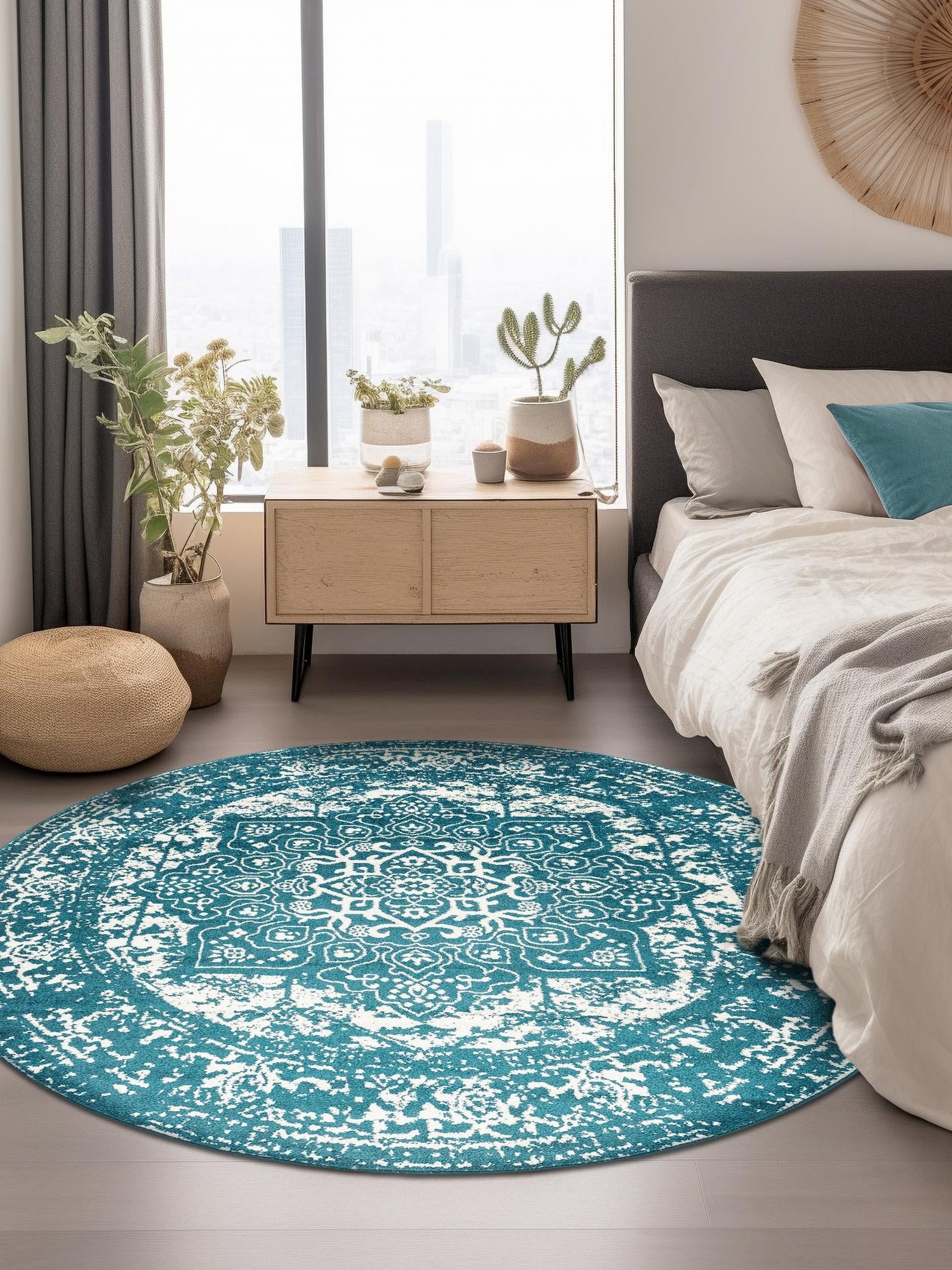 Turquoise 7' 10 x 7' 10 Richmond Round Area Rug Vintage Distressed Look Traditional Design Carpet for Unique Home Interior Design for Sale at Rug Engine