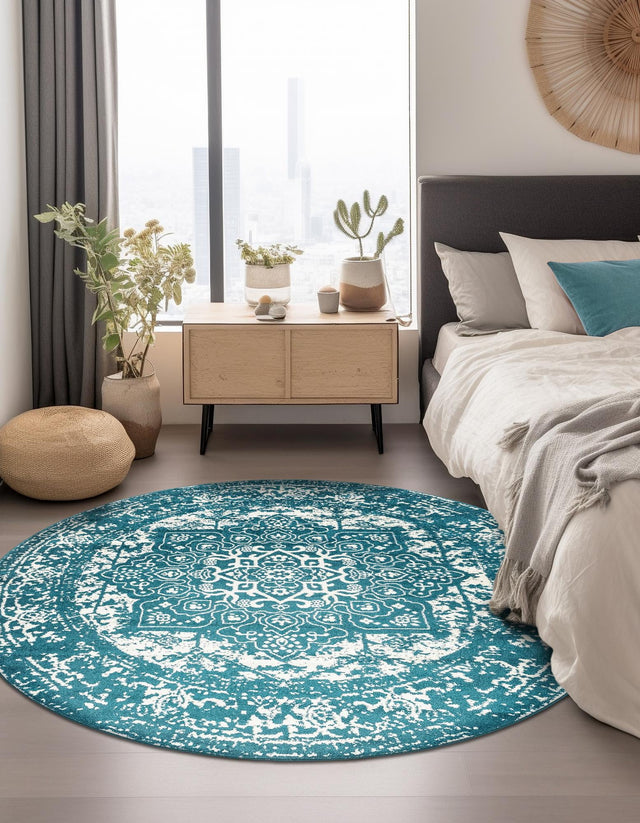 Turquoise 5' 3 x 5' 3 Richmond Round Area Rug Vintage Distressed Look Traditional Design Carpet for Unique Home Interior Design for Sale at Rug Engine