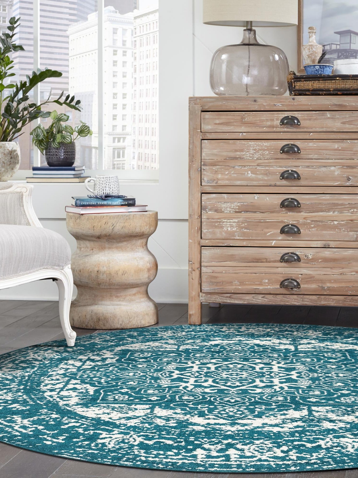 Turquoise 7' 10 x 7' 10 Richmond Round Area Rug Vintage Distressed Look Traditional Design Carpet for Unique Home Interior Design for Sale at Rug Engine