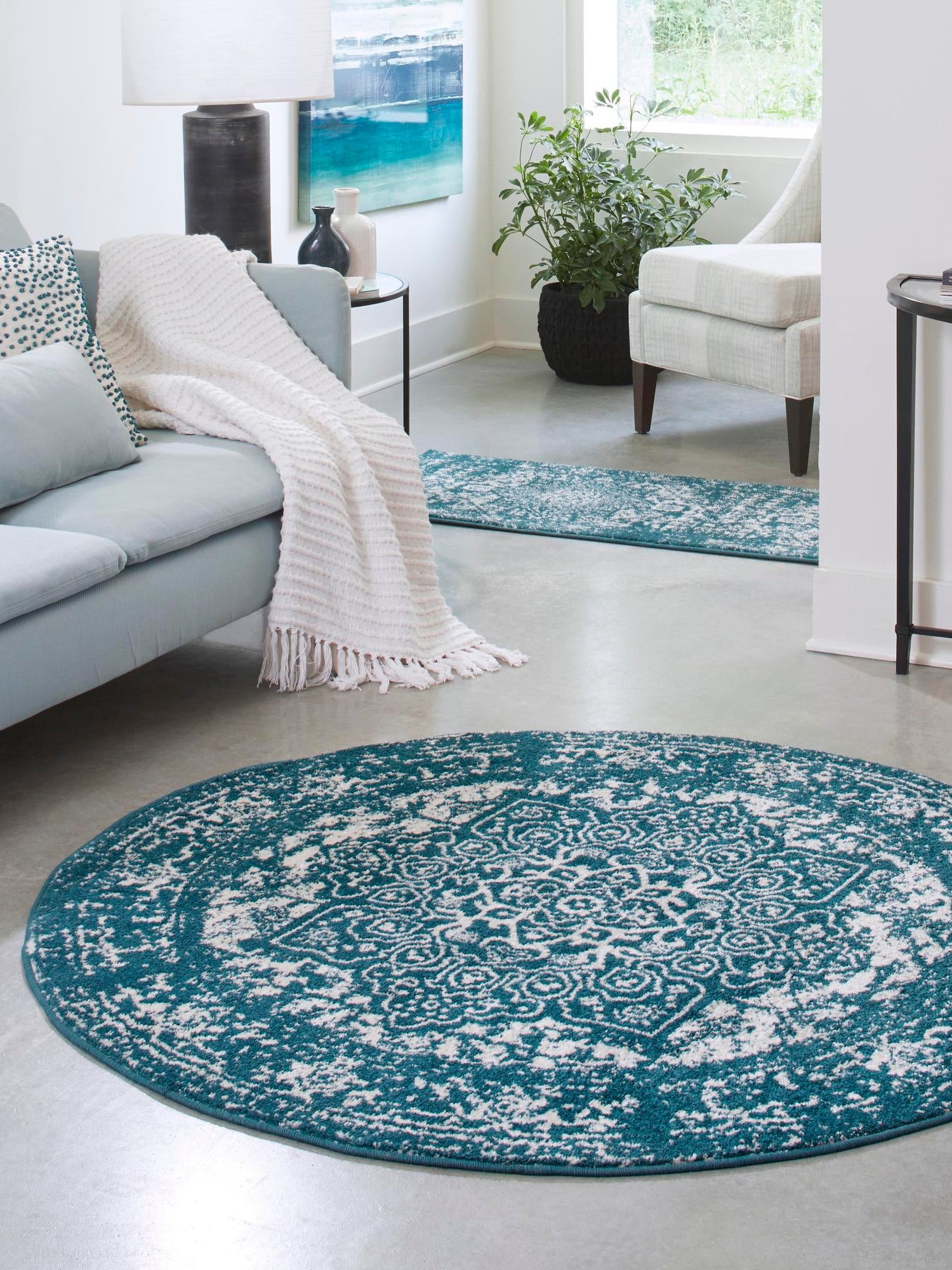Turquoise 7' 10 x 7' 10 Richmond Round Area Rug Vintage Distressed Look Traditional Design Carpet for Unique Home Interior Design for Sale at Rug Engine