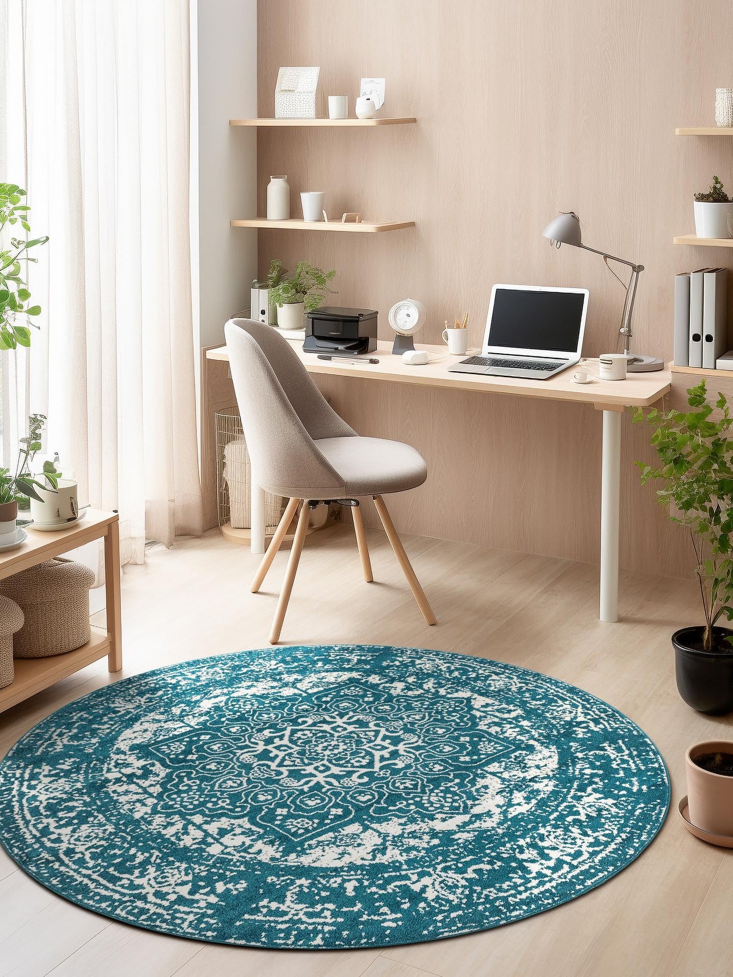 Turquoise 7' 10 x 7' 10 Richmond Round Area Rug Vintage Distressed Look Traditional Design Carpet for Unique Home Interior Design for Sale at Rug Engine