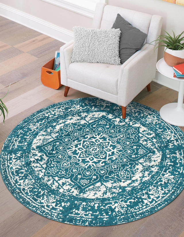 Turquoise 3' 1 x 3' 1 Richmond Round Area Rug Vintage Distressed Look Traditional Design Carpet for Unique Home Interior Design for Sale at Rug Engine