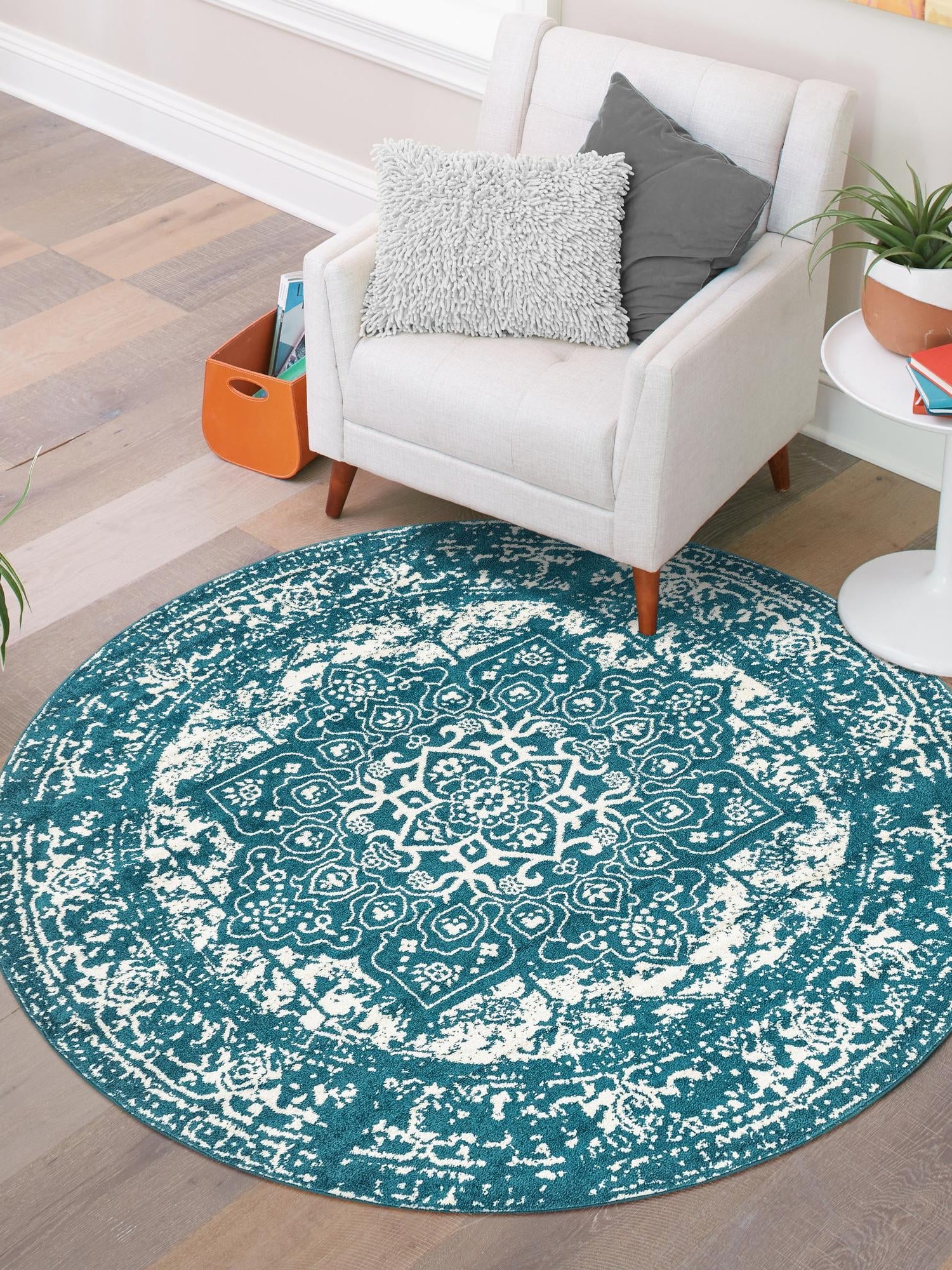 Turquoise 5' 3 x 5' 3 Richmond Round Area Rug Vintage Distressed Look Traditional Design Carpet for Unique Home Interior Design for Sale at Rug Engine