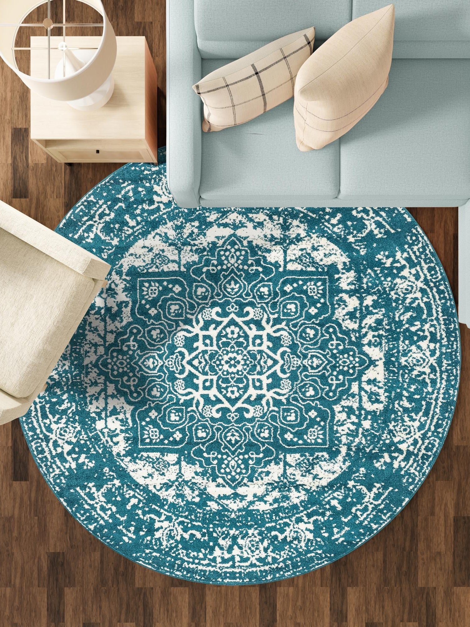 Turquoise 7' 10 x 7' 10 Richmond Round Area Rug Vintage Distressed Look Traditional Design Carpet for Unique Home Interior Design for Sale at Rug Engine