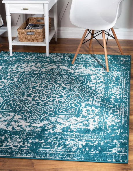 Turquoise 7' 10 x 7' 10 Richmond Square Area Rug Vintage Distressed Look Traditional Design Carpet for Unique Home Interior Design for Sale at Rug Engine