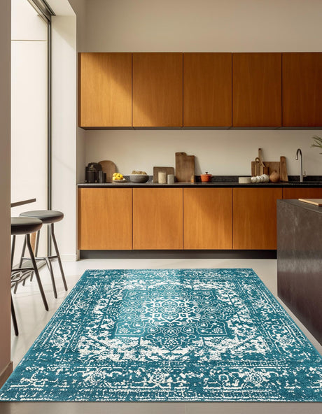 Turquoise 5' 3 x 5' 3 Richmond Square Area Rug Vintage Distressed Look Traditional Design Carpet for Unique Home Interior Design for Sale at Rug Engine