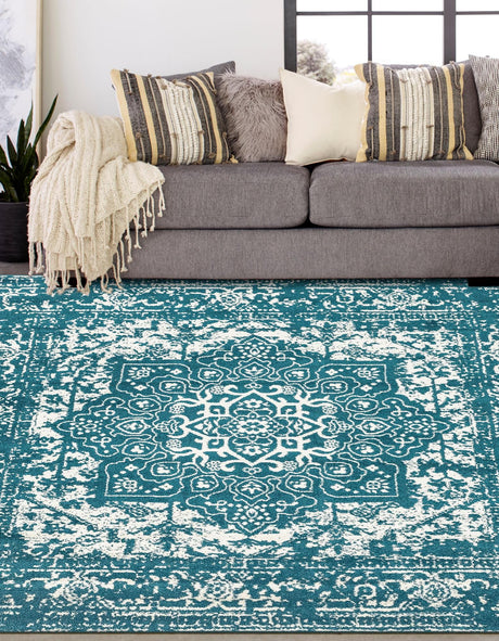 Turquoise 7' 10 x 7' 10 Richmond Square Area Rug Vintage Distressed Look Traditional Design Carpet for Unique Home Interior Design for Sale at Rug Engine