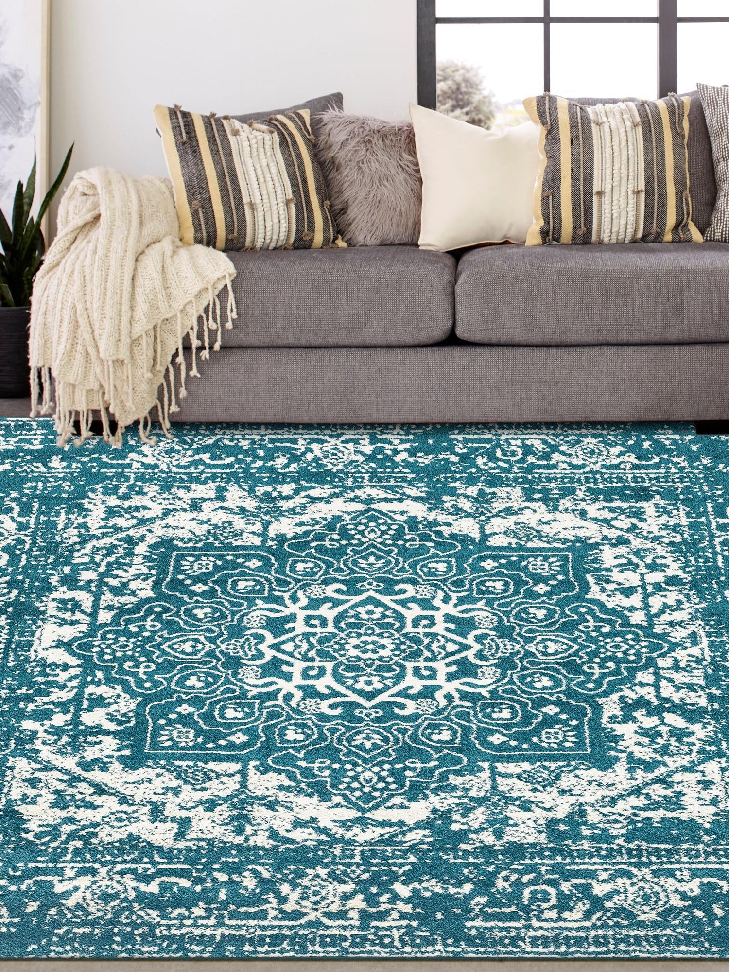 Turquoise 4' 1 x 4' 1 Richmond Square Area Rug Vintage Distressed Look Traditional Design Carpet for Unique Home Interior Design for Sale at Rug Engine