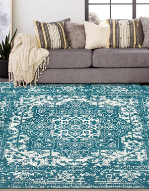 Turquoise 4' 1 x 4' 1 Richmond Square Area Rug Vintage Distressed Look Traditional Design Carpet for Unique Home Interior Design for Sale at Rug Engine
