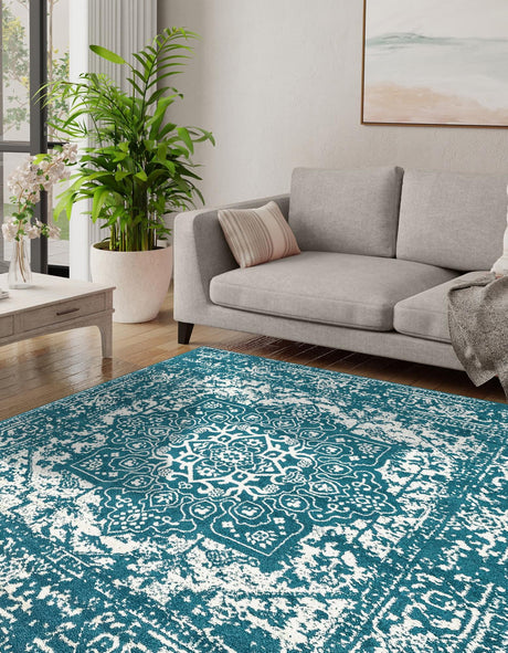Turquoise 4' 1 x 4' 1 Richmond Square Area Rug Vintage Distressed Look Traditional Design Carpet for Unique Home Interior Design for Sale at Rug Engine