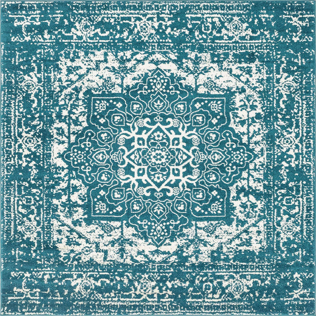 Turquoise 7' 10 x 7' 10 Richmond Square Area Rug Vintage Distressed Look Traditional Design Carpet for Unique Home Interior Design for Sale at Rug Engine