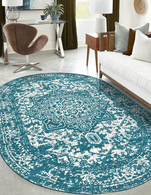 Turquoise 5' 3 x 8' Richmond Oval Area Rug Vintage Distressed Look Traditional Design Carpet for Unique Home Interior Design for Sale at Rug Engine