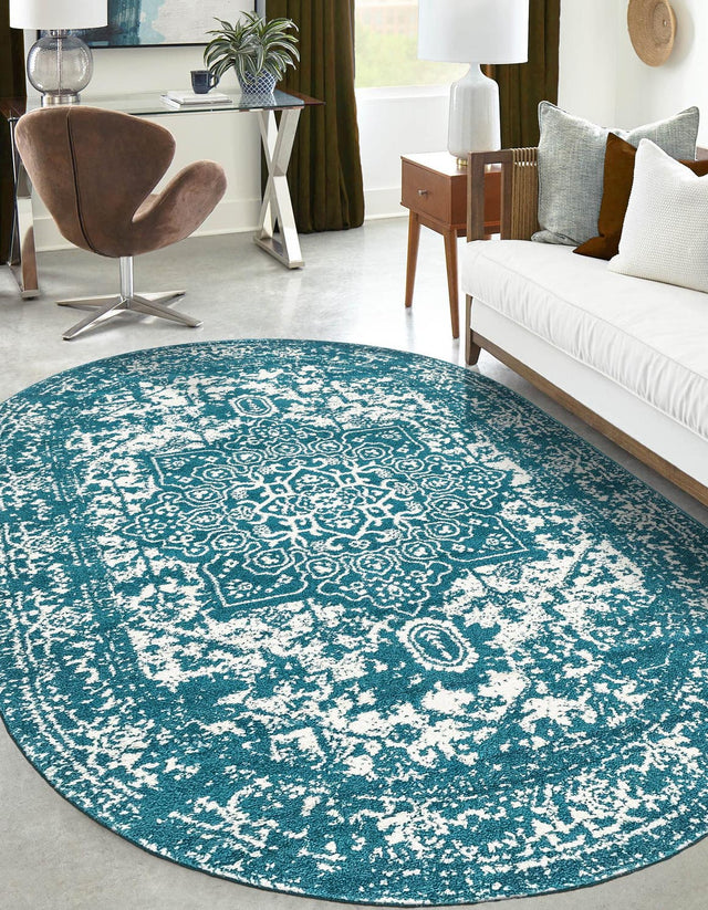 Turquoise 5' 3 x 8' Richmond Oval Area Rug Vintage Distressed Look Traditional Design Carpet for Unique Home Interior Design for Sale at Rug Engine