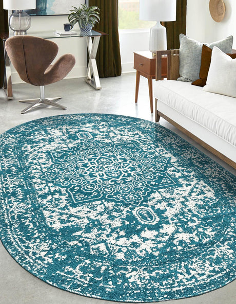 Turquoise 7' 10 x 10' Richmond Oval Area Rug Vintage Distressed Look Traditional Design Carpet for Unique Home Interior Design for Sale at Rug Engine