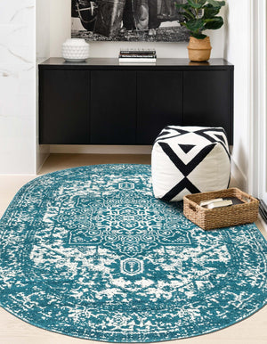 Turquoise 7' 10 x 10' Richmond Oval Area Rug Vintage Distressed Look Traditional Design Carpet for Unique Home Interior Design for Sale at Rug Engine