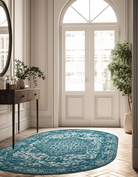 Turquoise 7' 10 x 10' Richmond Oval Area Rug Vintage Distressed Look Traditional Design Carpet for Unique Home Interior Design for Sale at Rug Engine
