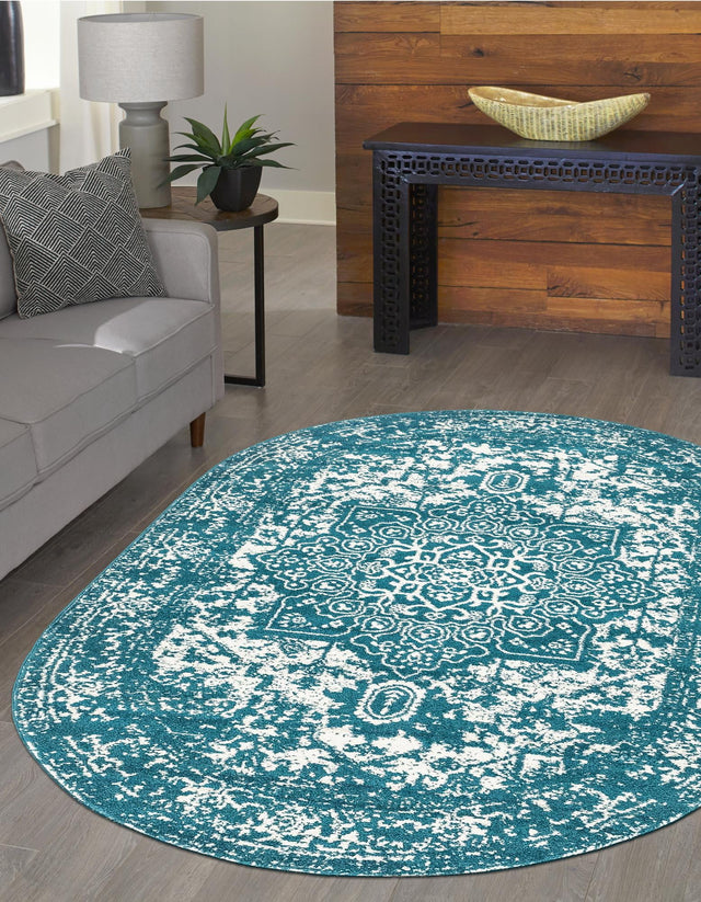 Turquoise 7' 10 x 10' Richmond Oval Area Rug Vintage Distressed Look Traditional Design Carpet for Unique Home Interior Design for Sale at Rug Engine
