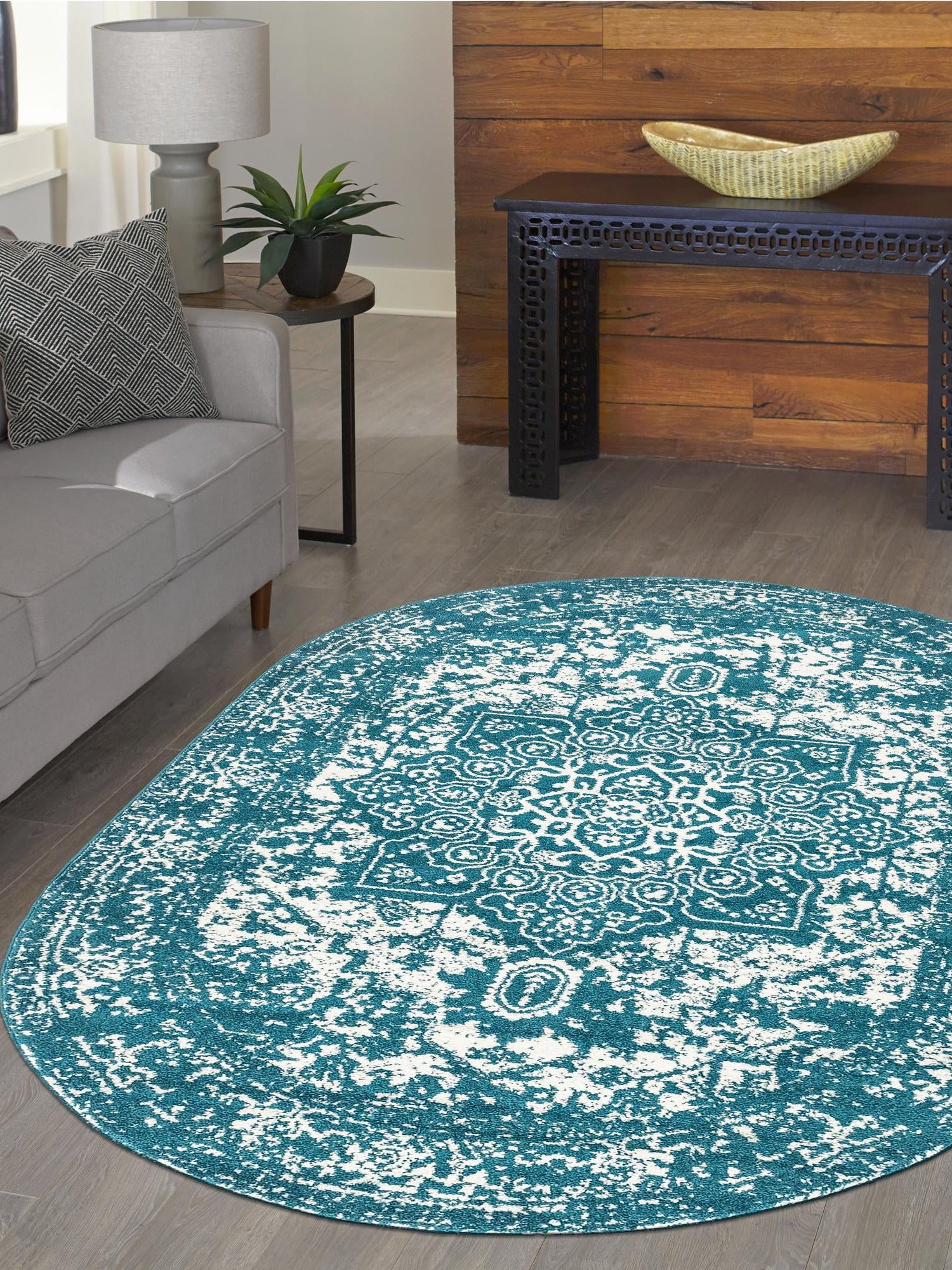 Turquoise 5' 3 x 8' Richmond Oval Area Rug Vintage Distressed Look Traditional Design Carpet for Unique Home Interior Design for Sale at Rug Engine