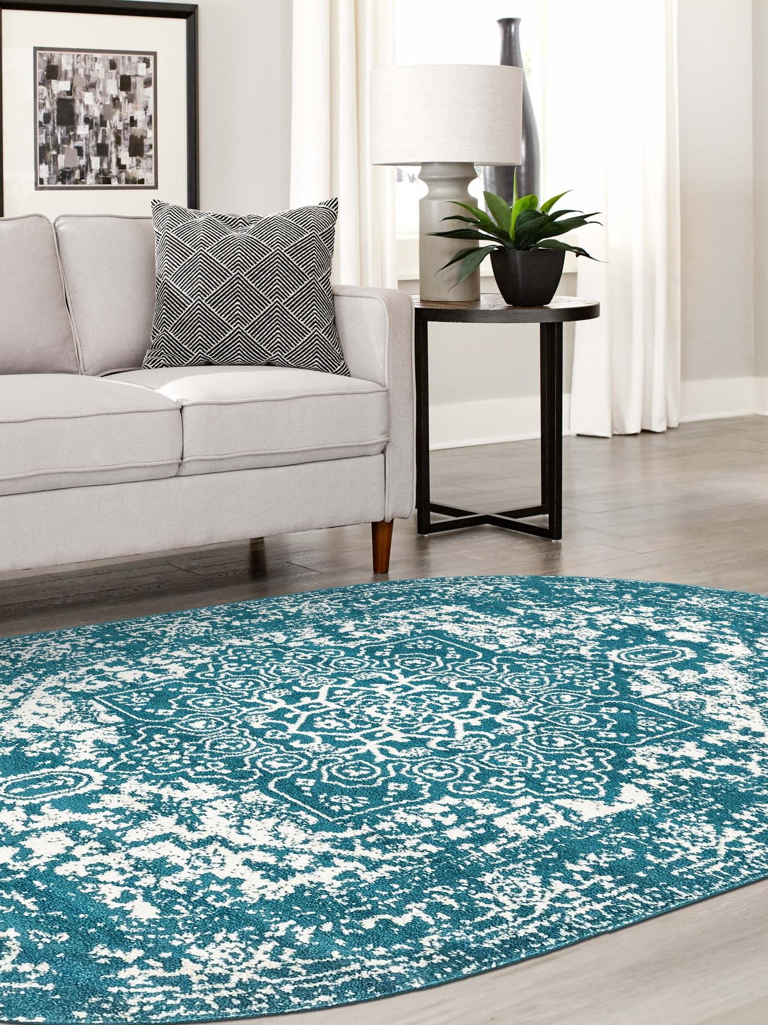 Turquoise 7' 10 x 10' Richmond Oval Area Rug Vintage Distressed Look Traditional Design Carpet for Unique Home Interior Design for Sale at Rug Engine