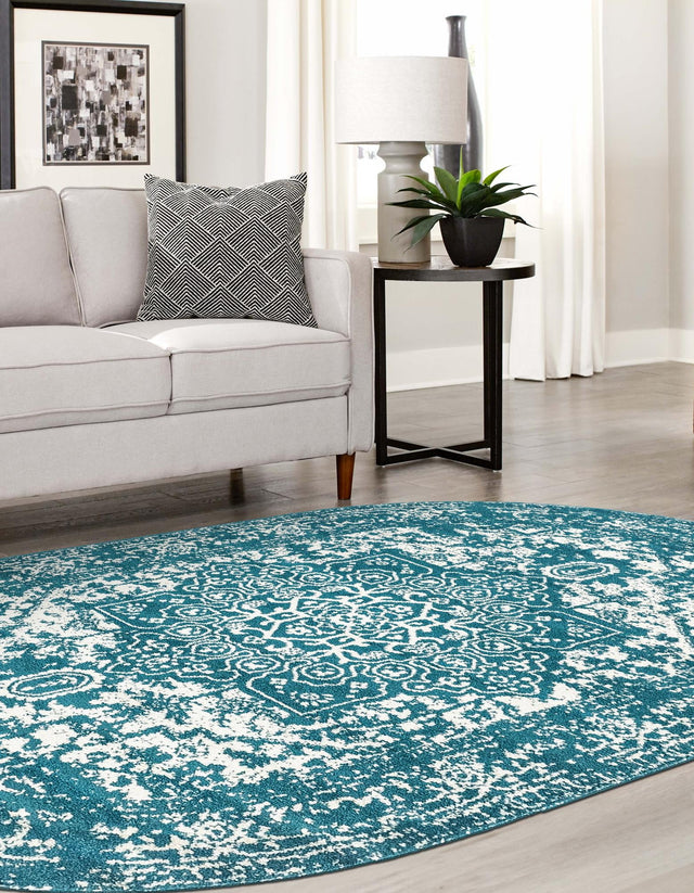 Turquoise 7' 10 x 10' Richmond Oval Area Rug Vintage Distressed Look Traditional Design Carpet for Unique Home Interior Design for Sale at Rug Engine