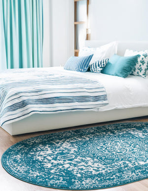 Turquoise 7' 10 x 10' Richmond Oval Area Rug Vintage Distressed Look Traditional Design Carpet for Unique Home Interior Design for Sale at Rug Engine