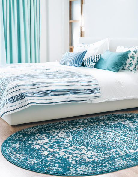 Turquoise 7' 10 x 10' Richmond Oval Area Rug Vintage Distressed Look Traditional Design Carpet for Unique Home Interior Design for Sale at Rug Engine
