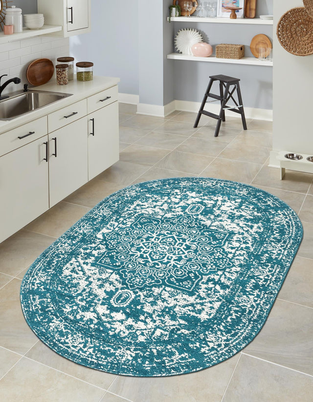 Turquoise 5' 3 x 8' Richmond Oval Area Rug Vintage Distressed Look Traditional Design Carpet for Unique Home Interior Design for Sale at Rug Engine