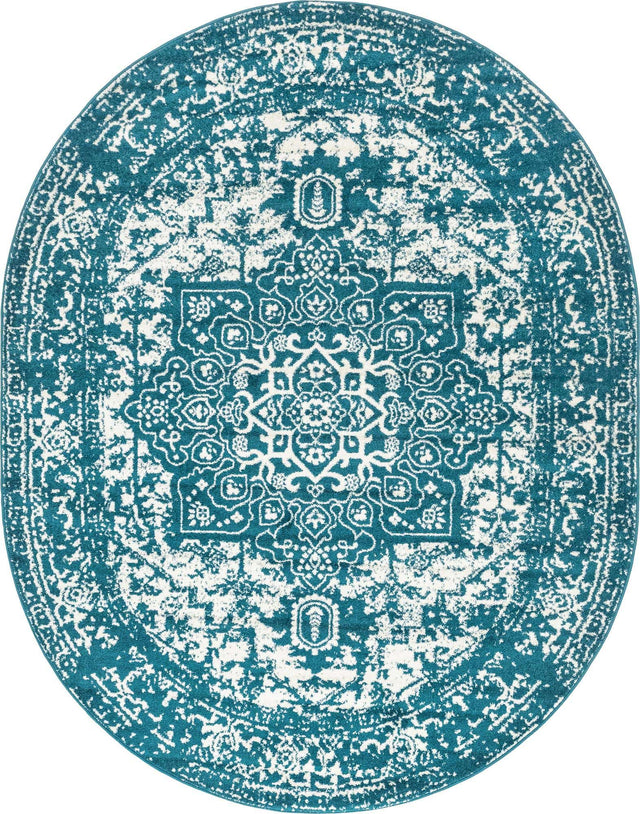 Turquoise 7' 10 x 10' Richmond Oval Area Rug Vintage Distressed Look Traditional Design Carpet for Unique Home Interior Design for Sale at Rug Engine