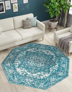 Turquoise 7' 10 x 7' 10 Richmond Octagon Area Rug Vintage Distressed Look Traditional Design Carpet for Unique Home Interior Design for Sale at Rug Engine