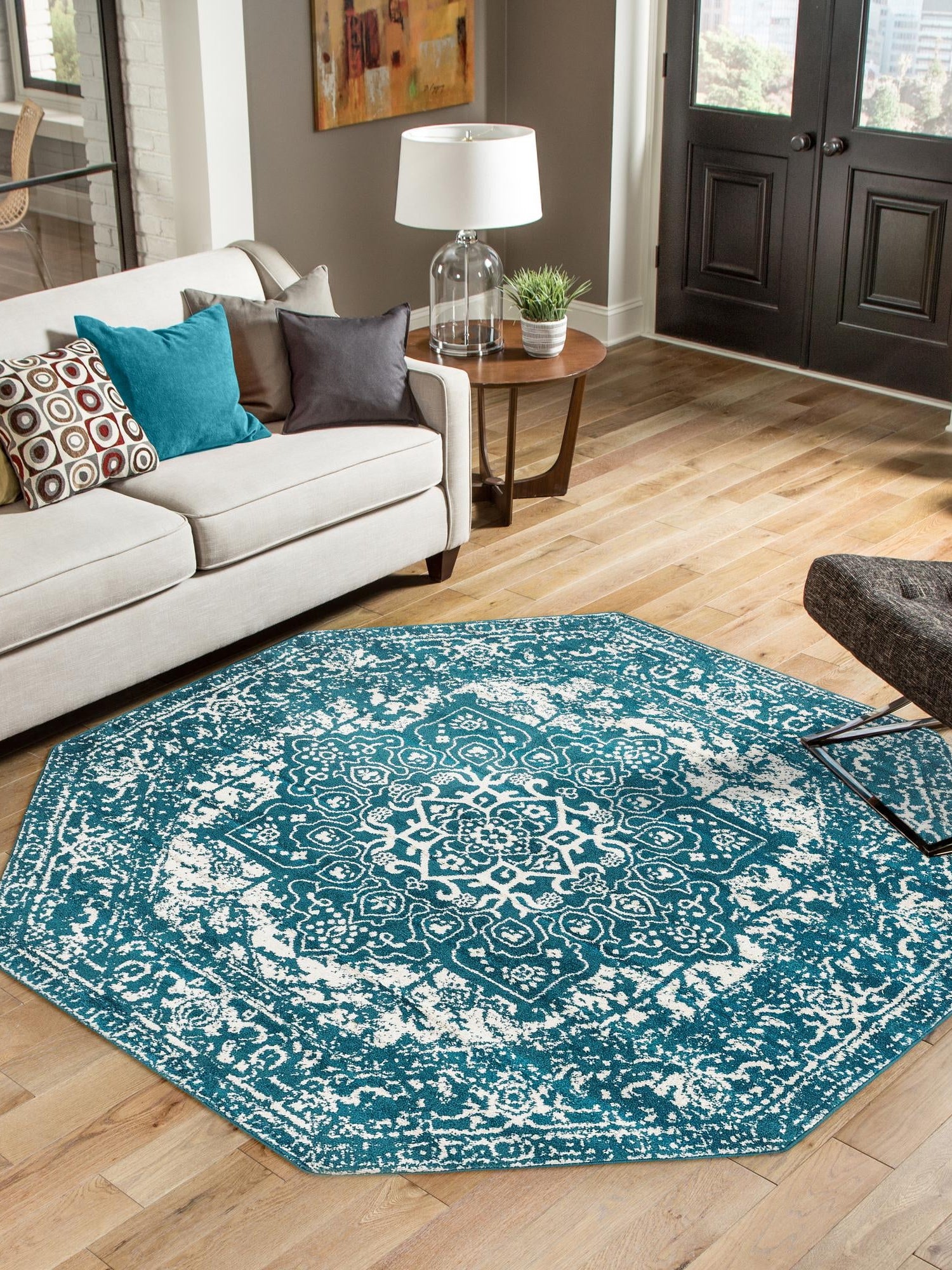 Turquoise 7' 10 x 7' 10 Richmond Octagon Area Rug Vintage Distressed Look Traditional Design Carpet for Unique Home Interior Design for Sale at Rug Engine