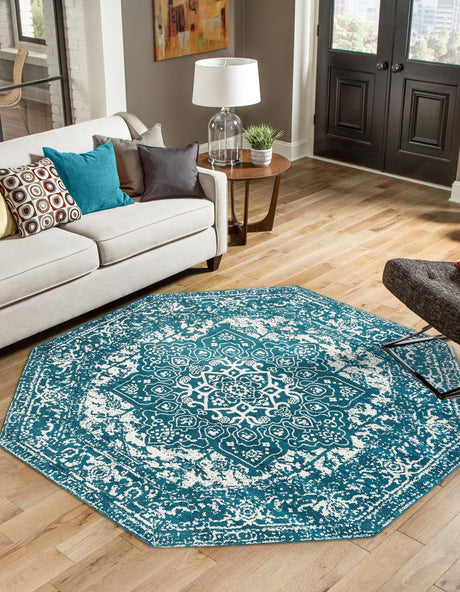 Turquoise 7' 10 x 7' 10 Richmond Octagon Area Rug Vintage Distressed Look Traditional Design Carpet for Unique Home Interior Design for Sale at Rug Engine