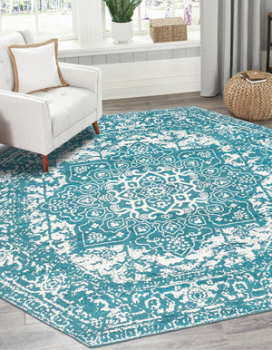 Turquoise 7' 10 x 7' 10 Richmond Octagon Area Rug Vintage Distressed Look Traditional Design Carpet for Unique Home Interior Design for Sale at Rug Engine