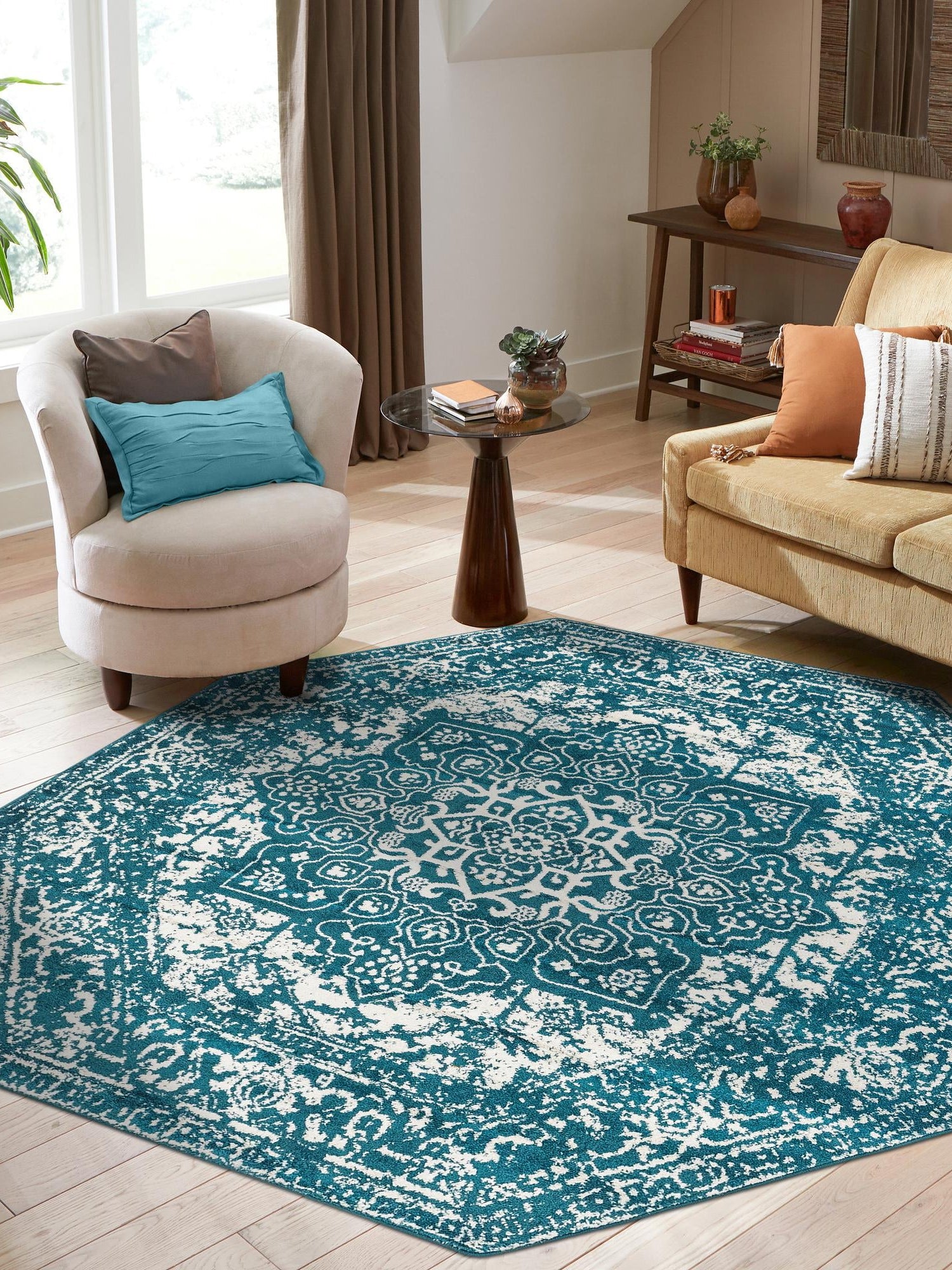 Turquoise 7' 10 x 7' 10 Richmond Octagon Area Rug Vintage Distressed Look Traditional Design Carpet for Unique Home Interior Design for Sale at Rug Engine