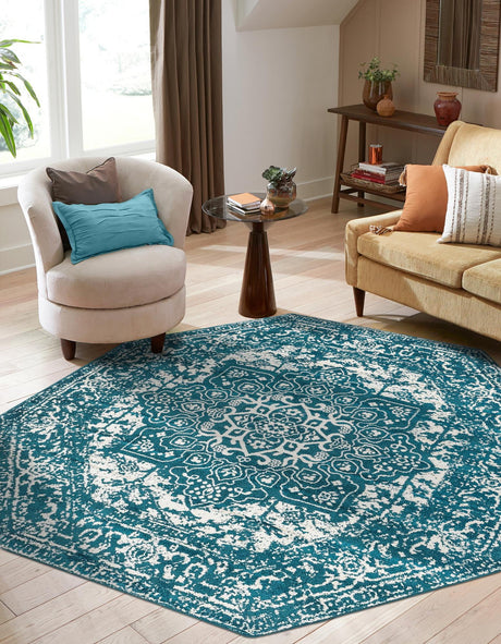 Turquoise 7' 10 x 7' 10 Richmond Octagon Area Rug Vintage Distressed Look Traditional Design Carpet for Unique Home Interior Design for Sale at Rug Engine