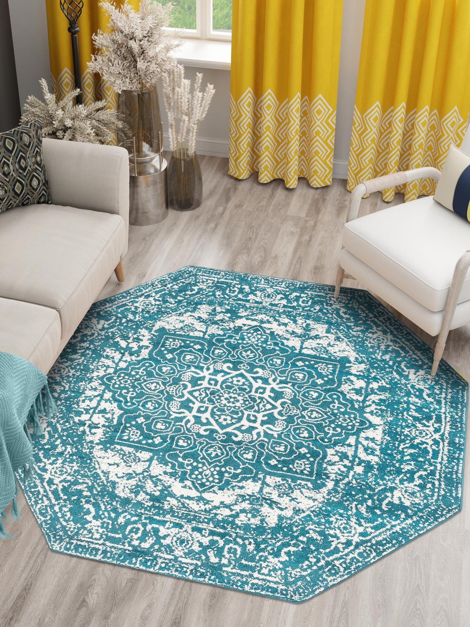 Turquoise 7' 10 x 7' 10 Richmond Octagon Area Rug Vintage Distressed Look Traditional Design Carpet for Unique Home Interior Design for Sale at Rug Engine