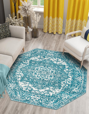 Turquoise 7' 10 x 7' 10 Richmond Octagon Area Rug Vintage Distressed Look Traditional Design Carpet for Unique Home Interior Design for Sale at Rug Engine