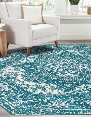 Turquoise 7' 10 x 7' 10 Richmond Octagon Area Rug Vintage Distressed Look Traditional Design Carpet for Unique Home Interior Design for Sale at Rug Engine
