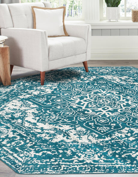 Turquoise 7' 10 x 7' 10 Richmond Octagon Area Rug Vintage Distressed Look Traditional Design Carpet for Unique Home Interior Design for Sale at Rug Engine
